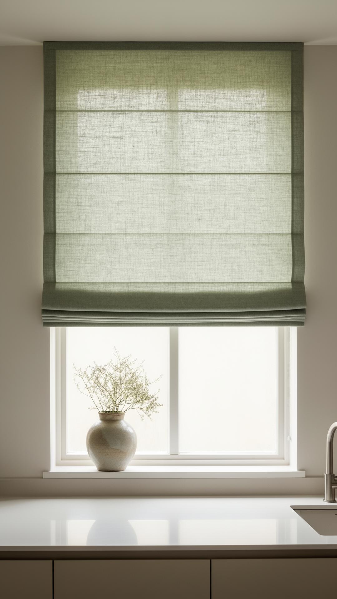Sage linen Roman blind in a minimal kitchen