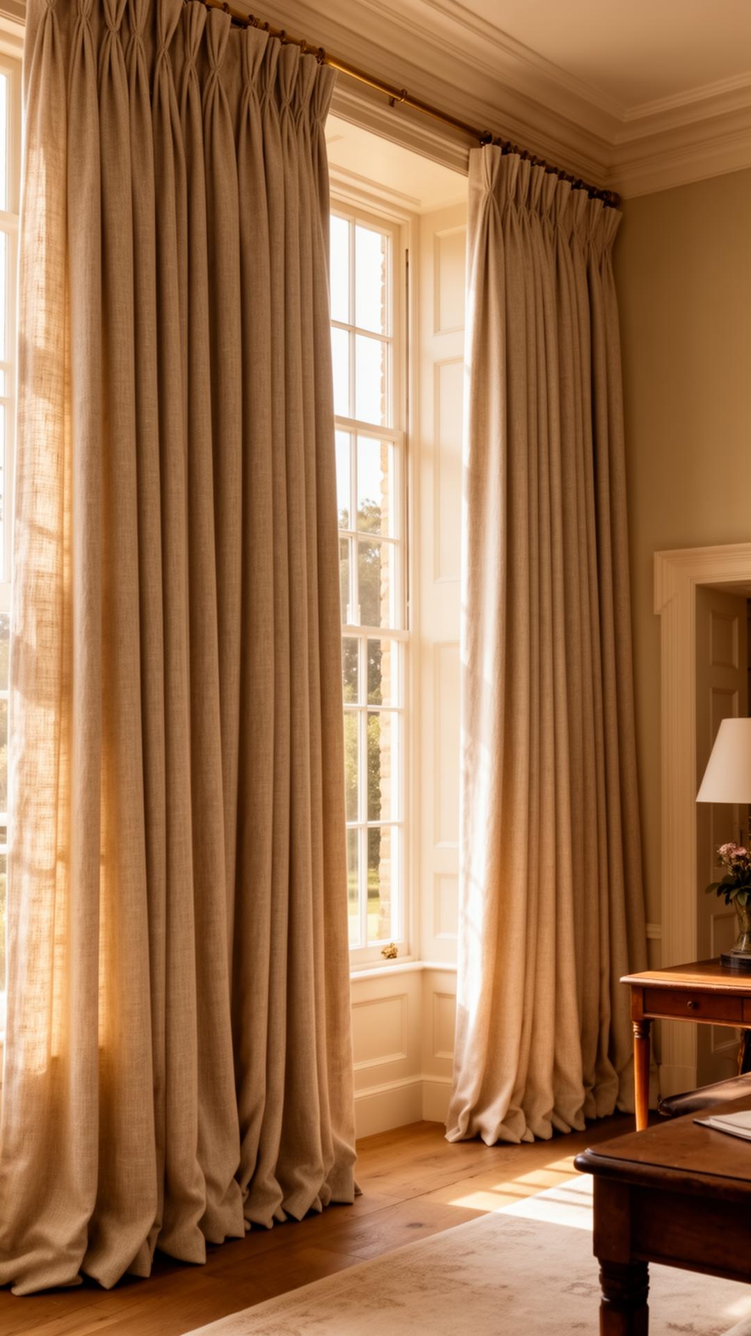 Floor-to-ceiling oatmeal linen pinch pleat curtains