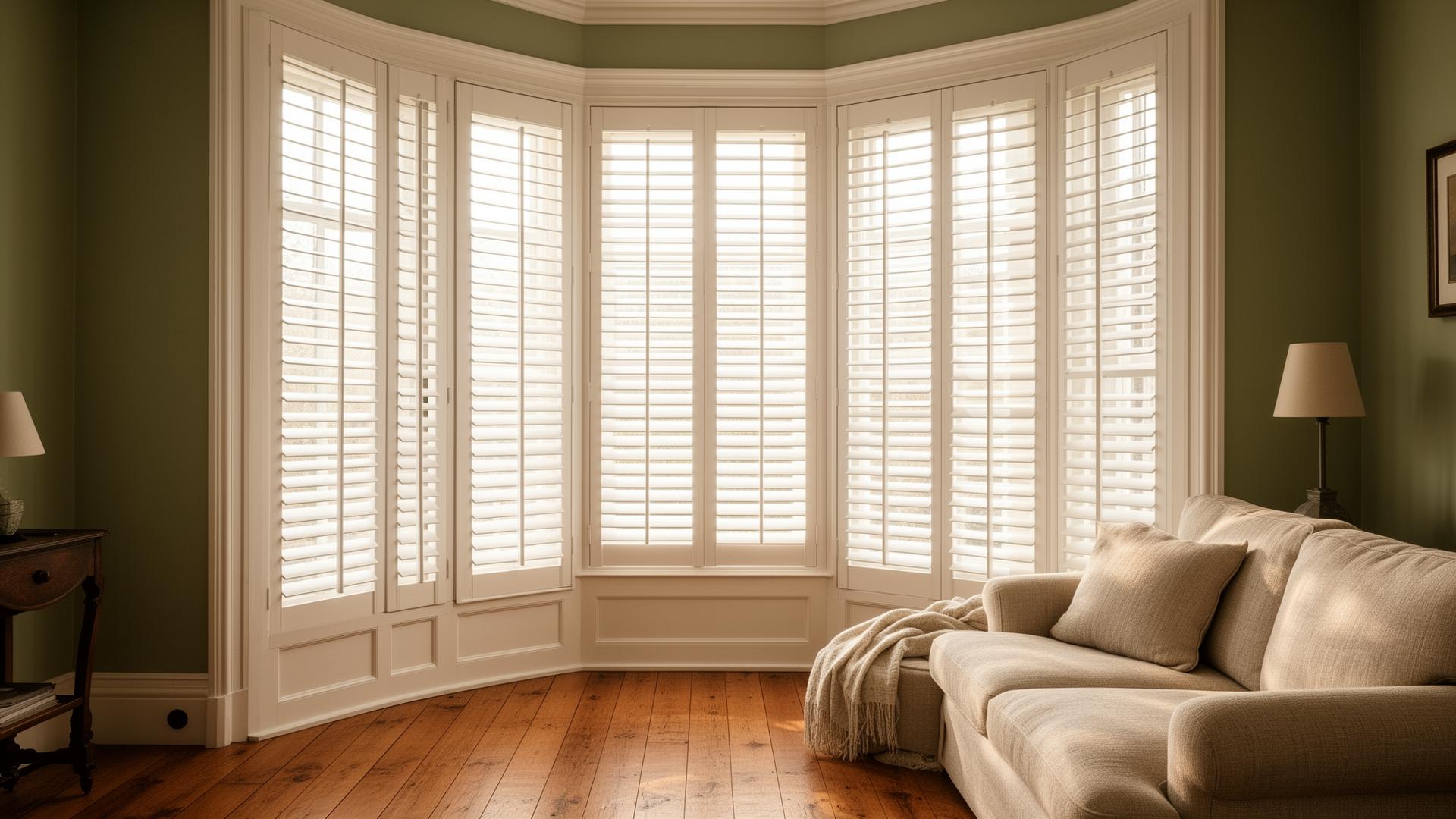White full-height plantation shutters in a sage-green Victorian living room
